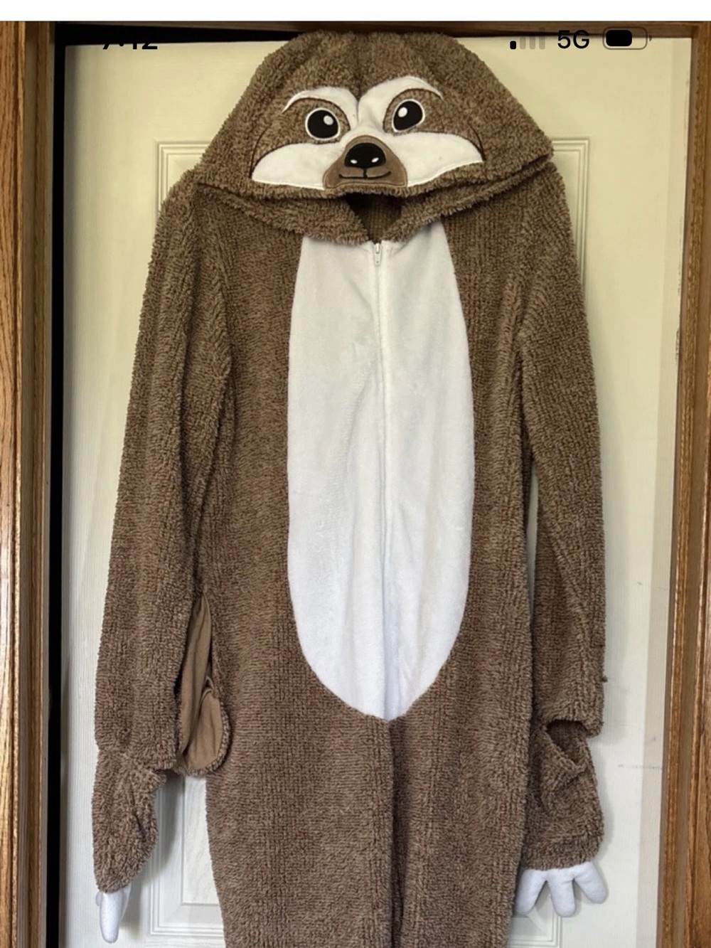 Sloth Costume with Pockets Halloween Full Zip-Size L 12-14 Pajamas -EUC-soft!